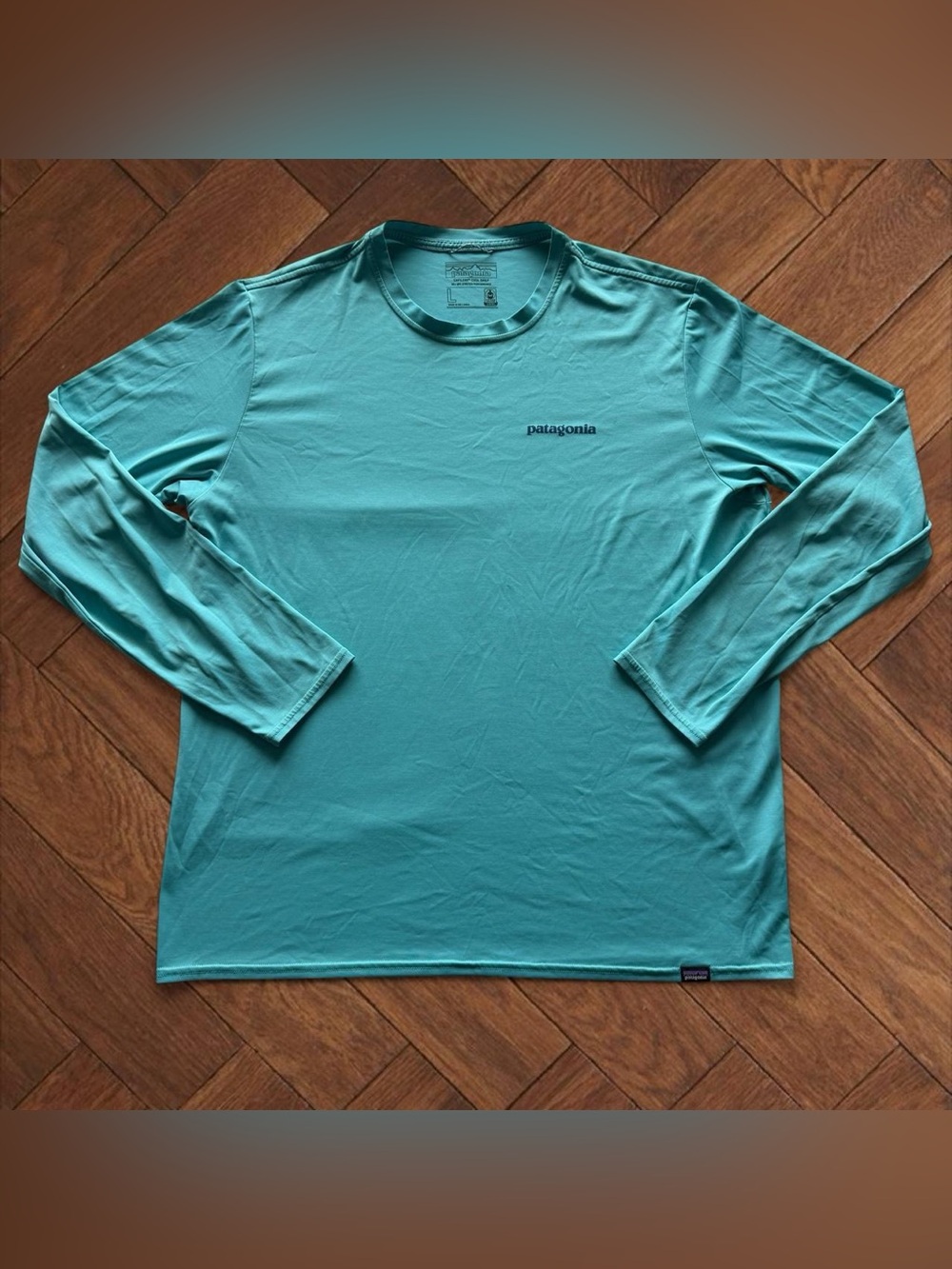 Patagonia Capilene Cool Daily Shirt Mens L UPF 50 Teal Long Sleeve Wave Graphic